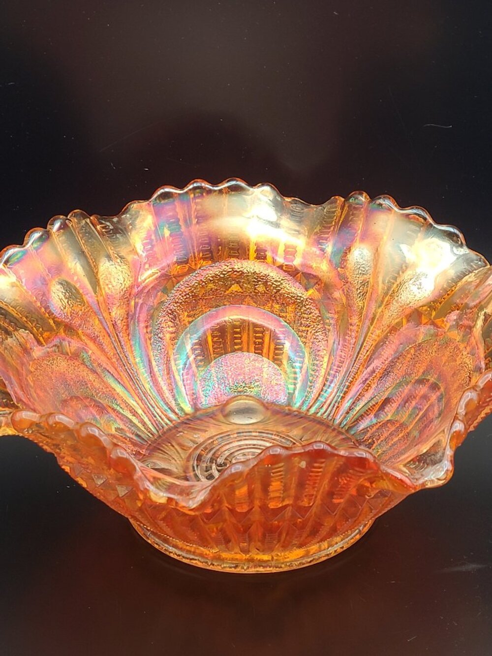 Imperial Radium Marigold Carnival Glass Scroll Embossed Antique Bowl